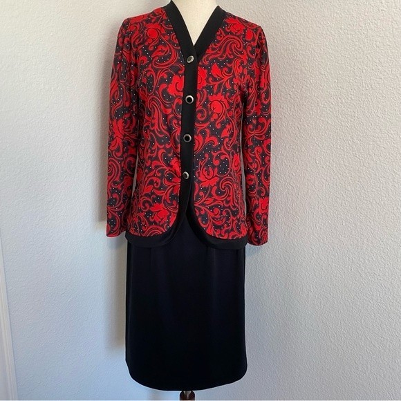 Blair 2 Piece Jacket Skirt Black Red Silver Floral Abstract Career Evening SZ 6P - Picture 2 of 12